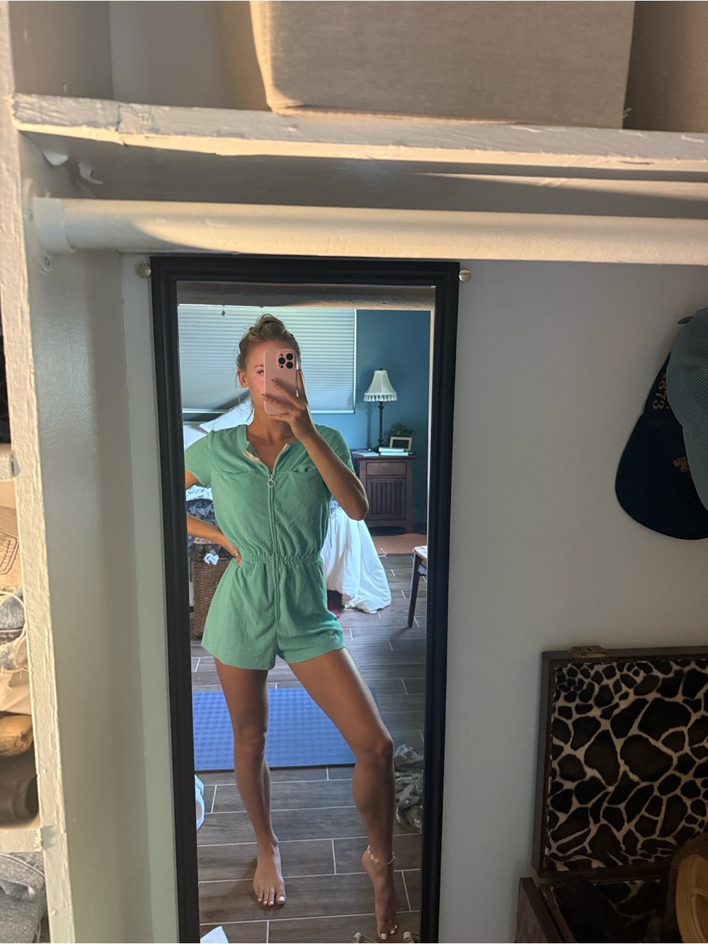 Casual Short Sleeve Zip Romper in Mint Green